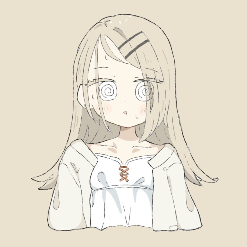 1girl @_@ blonde_hair blush gakuen_idolmaster hair_ornament hairclip highres idolmaster kuri_kr1230 long_hair shinosawa_hiro simple_background sweat thick_eyelashes yellow_background