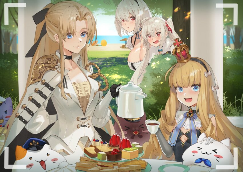 &gt;_&lt; 4girls :3 anchor_choker arm_behind_back azur_lane beach black_choker black_ribbon blonde_hair blue_eyes bow breasts bush cape choker cleavage coffee commentary_request crown day detached_sleeves duan_henglong flat_chest food_request fur-trimmed_cape fur_trim hair_bow hair_ribbon hairband high_ponytail large_breasts long_hair long_sleeves looking_at_another looking_at_viewer medium_breasts meowfficer_(azur_lane) mini_crown multiple_girls official_art open_mouth outdoors ponytail puffy_long_sleeves puffy_sleeves queen_elizabeth_(azur_lane) ribbon second-party_source short_hair sirius_(azur_lane) sitting standing taking_picture tree valiant_(azur_lane) vanguard_(azur_lane) very_long_hair viewfinder water white_bow white_hair x3