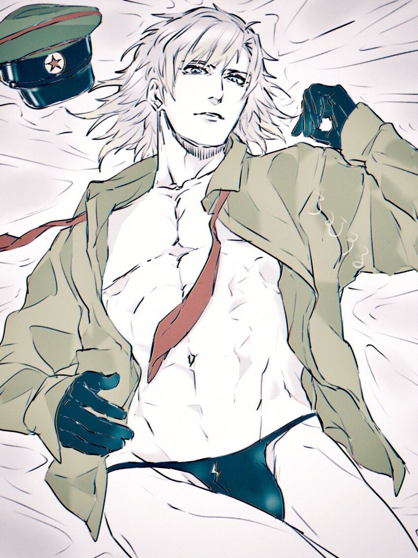 1boy abs an_chovy black_gloves black_panties blue_eyes collarbone collared_shirt commentary_request gloves green_hat green_shirt grey_hair hand_up hat hat_ornament highres ivan_raidenovitch_raikov long_sleeves looking_at_viewer lying male_focus metal_gear_(series) metal_gear_solid_3:_snake_eater military_hat military_uniform muscular muscular_male navel necktie on_back on_bed open_clothes open_shirt panties peaked_cap pectorals puffy_long_sleeves puffy_sleeves red_necktie shirt short_hair solo soviet_army star_(symbol) star_hat_ornament teeth underwear unworn_hat unworn_headwear