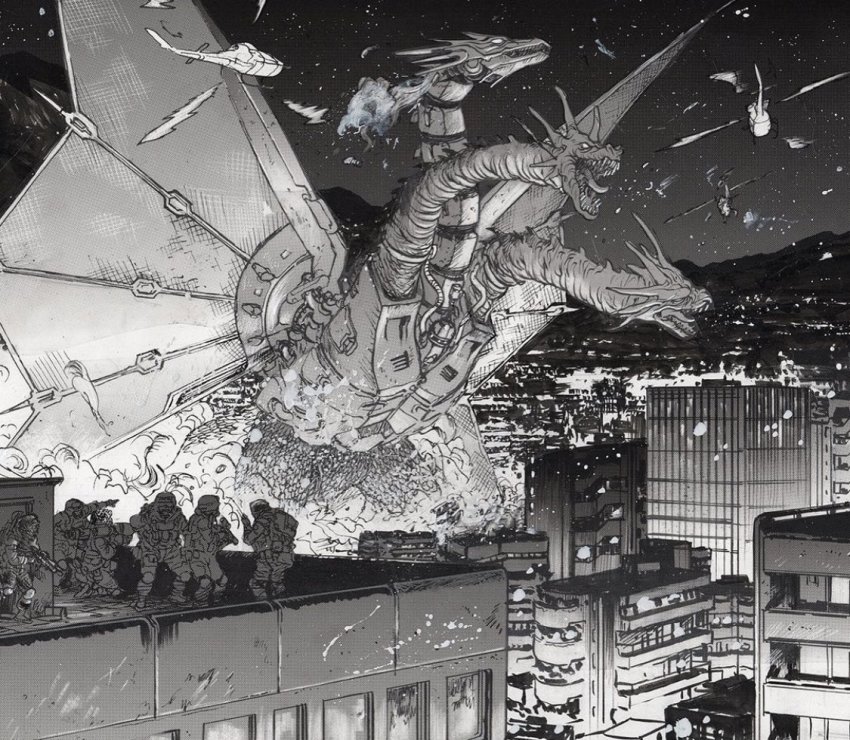 aircraft alien amputee armor commentary commission conjoined cyborg daniel_warren_johnson dragon english_commentary fire godzilla_(series) godzilla_vs._king_ghidorah greyscale gun helicopter holding holding_gun holding_weapon horns hydra kaiju king_ghidorah mecha mecha-king_ghidorah military monochrome multiple_heads open_mouth prosthesis prosthetic_head prosthetic_wing robot science_fiction sharp_teeth solar_panel solar_panel_wings soldier teeth toho tongue tongue_out weapon wings
