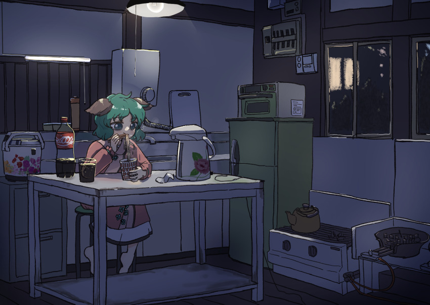 1girl animal_ears barefoot blue_eyes brown_dress cabinet chopsticks coca-cola commentary_request contemporary cup cup_ramen dim_lighting dimly_lit_room dog_ears dot_nose dress drinking_glass eating electric_kettle fluorescent_lamp green_hair hanging_light highres holding holding_chopsticks indoors kasodani_kyouko kettle leftame light_bulb long_sleeves microwave night on_stool plastic_bottle refrigerator rice_cooker sitting skirt skirt_under_dress solo steam stove table touhou wall_lamp water_heater wavy_hair white_skirt window