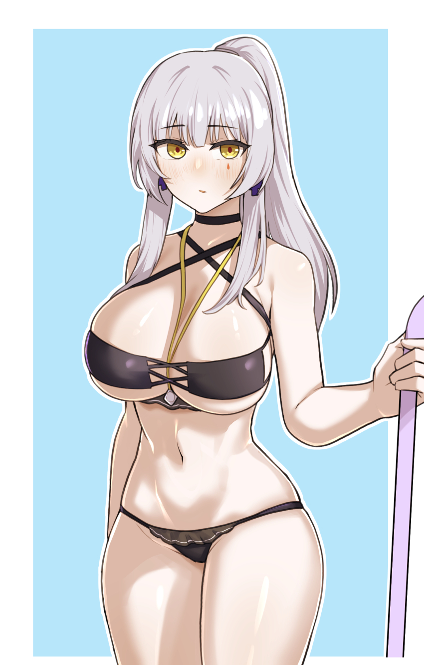 1girl between_breasts bikini black_bikini blue_background blush breasts commentary commentary_request cowboy_shot cross cross_earrings doya_(qkrdbseh1205) earrings english_commentary girls&#039;_frontline girls&#039;_frontline_2:_exilium highres hk416_(girls&#039;_frontline) jewelry klukai_(girls&#039;_frontline_2) korean_commentary large_breasts long_hair looking_at_viewer mixed-language_commentary navel official_alternate_costume parted_lips ponytail sidelocks solo stomach swimsuit tattoo teardrop_facial_mark teardrop_tattoo two-tone_background white_background yellow_eyes