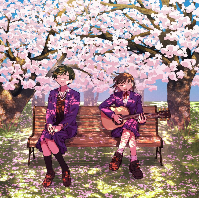 2girls :d acoustic_guitar bench black_hair black_socks black_sweater_vest blazer branch brown_shoes cherry_blossoms closed_eyes closed_mouth collared_shirt crossed_legs dappled_sunlight dress_shirt full_body futsuu_no_keion-bu grass guitar hair_ornament hairpin hatono_chihiro highres instrument jacket kouyama_rin loafers long_sleeves medium_hair multiple_girls music nature neck_ribbon on_bench open_clothes open_jacket open_mouth outdoors parted_bangs pink_petals pixie_cut playing_guitar playing_instrument pleated_skirt purple_jacket purple_skirt red_ribbon ribbon rra_(yj) school_uniform shade shirt shoes short_hair sitting skirt smile socks spring_(season) standing sunlight sweater_vest tree tree_shade u_u under_tree white_shirt white_socks wing_collar winter_uniform