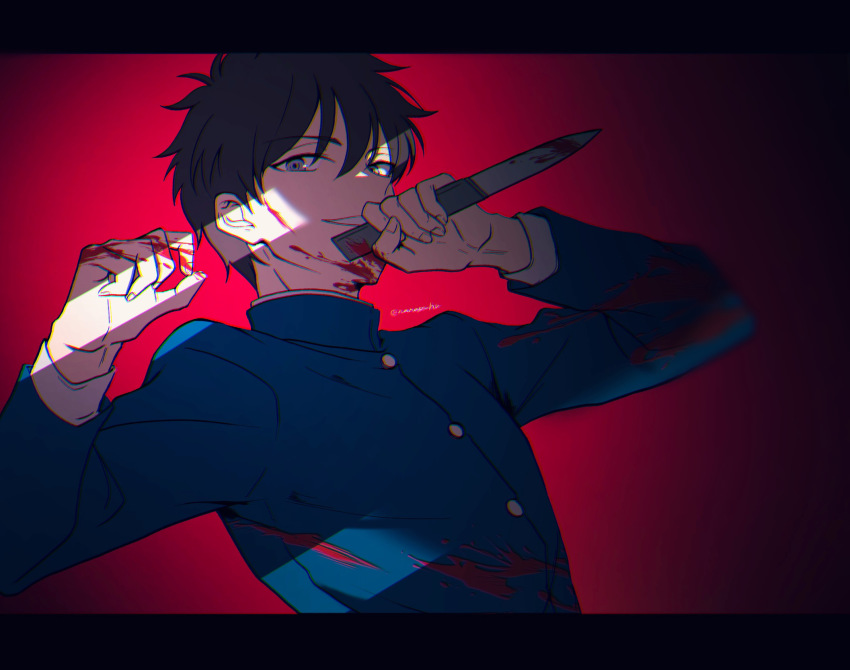 1boy blood grey_eyes highres knife letterboxed melty_blood nanase_hr nanaya_shiki red_background school_uniform smile tsukihime