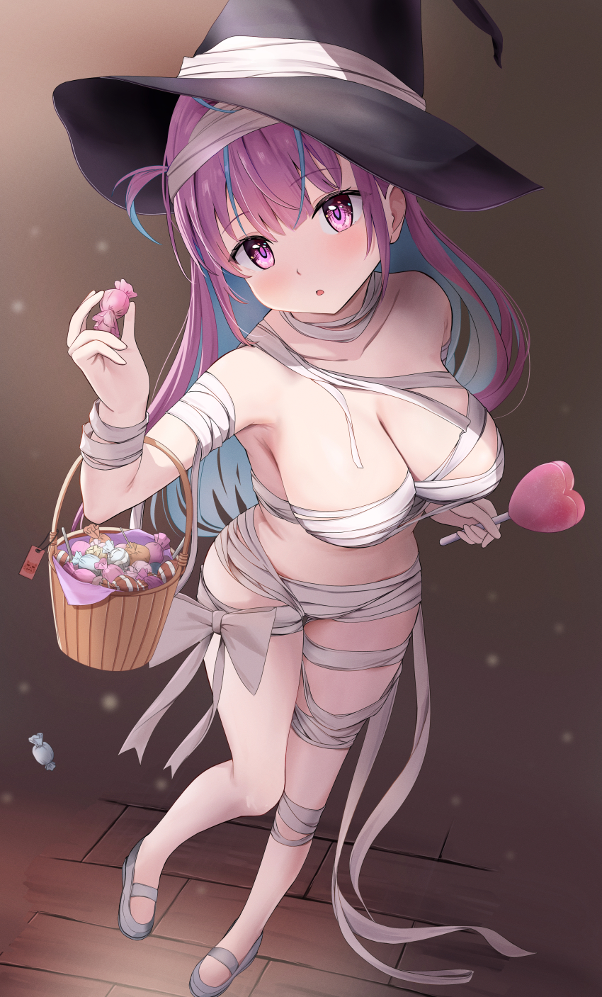 1girl absurdres aqua_hair bandaged_arm bandaged_leg bandaged_neck bandages basket black_hat breasts candy cleavage commentary_request food full_body hat highres holding holding_basket holding_candy holding_food holding_lollipop hololive large_breasts lollipop long_hair looking_at_viewer minato_aqua mochiki_927 multicolored_hair naked_bandage navel open_mouth pink_hair purple_eyes solo two-tone_hair two_side_up very_long_hair virtual_youtuber witch_hat