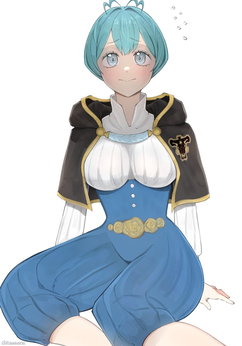 1girl black_bulls_(emblem) black_capelet black_clover blue_eyes blue_hair blush breasts capelet grey_(black_clover) highres medium_breasts rizaavana short_hair simple_background solo white_background