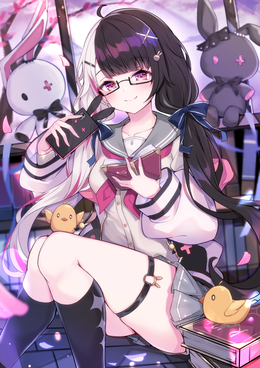 1girl absurdres ahoge bird black_hair black_socks blush book bookshelf cellphone closed_mouth collarbone feet_out_of_frame glasses grey_sailor_collar grey_skirt haidollo hair_ornament hairclip hands_up highres holding holding_book holding_phone knees_up long_hair long_sleeves looking_at_viewer miniskirt multicolored_hair nijisanji o-ring o-ring_thigh_strap petals phone pink_eyes pleated_skirt sailor_collar school_uniform serafuku shirt sidelocks sitting skindentation skirt smartphone smile socks solo split-color_hair streaked_hair stuffed_toy thigh_strap thighs twintails two-tone_hair very_long_hair virtual_youtuber white_hair white_shirt x_hair_ornament yorumi_rena yorumi_rena_(9th_costume)