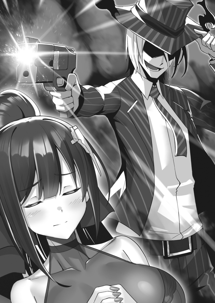 1boy 1girl amagi_(oreaku) belt black_dress black_hat black_jacket black_pants black_suit blush breasts brown_hair closed_eyes closed_mouth dress formal_clothes greyscale guide_(oreaku) gun hands_up hat highres jacket large_breasts long_hair monochrome necktie non-web_source novel_illustration official_art open_mouth ore_wa_seikan_kokka_no_akutoku_ryoushu! pants ponytail shirt shotgun smile striped_necktie suit very_long_hair weapon white_hair white_shirt