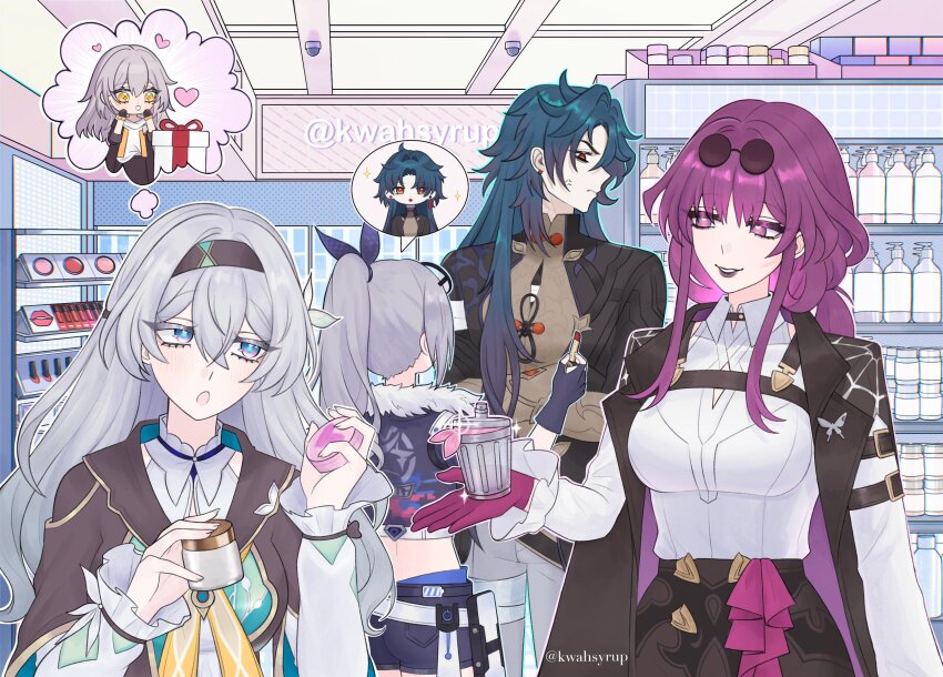 1boy 4girls :o absurdres blade_(honkai:_star_rail) blush collared_shirt cropped_jacket fingerless_gloves firefly_(honkai:_star_rail) frilled_sleeves frills fur-trimmed_jacket fur_trim gloves gradient_eyes green_pupils highres honkai:_star_rail honkai_(series) jacket kafka_(honkai:_star_rail) kwahsyrup long_sleeves multicolored_eyes multiple_girls neckerchief open_mouth orange_neckerchief purple_eyes purple_hair shirt silver_wolf_(honkai:_star_rail) stelle_(honkai:_star_rail) teeth trailblazer_(honkai:_star_rail) trash_can twitter_username white_shirt white_sleeves