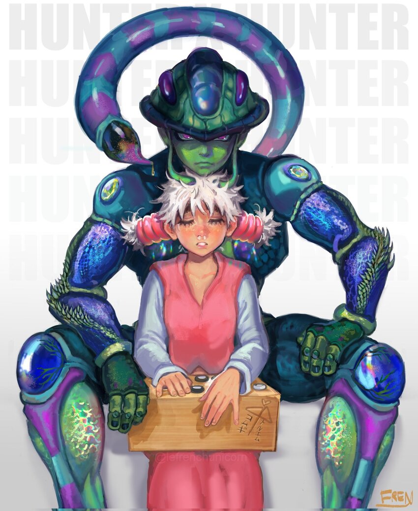 1boy 1girl arthropod_boy blind board_game closed_eyes colored_skin copyright_name dress fewer_digits french-unicorn green_skin gunjin_shougi heart highres hunter_x_hunter komugi_(hunter_x_hunter) long_earlobes long_sleeves meruem pink_dress purple_eyes shadow signature snot stinger twintails white_hair