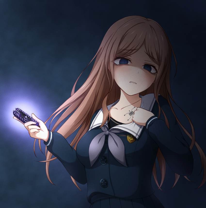 1girl bang_dream! bang_dream!_it&#039;s_mygo!!!!! blue_background blue_eyes gaia_memory highres hutaba294 kamen_rider kamen_rider_w long_hair long_sleeves looking_at_viewer nagasaki_soyo puffy_long_sleeves puffy_sleeves school_uniform solo tokusatsu