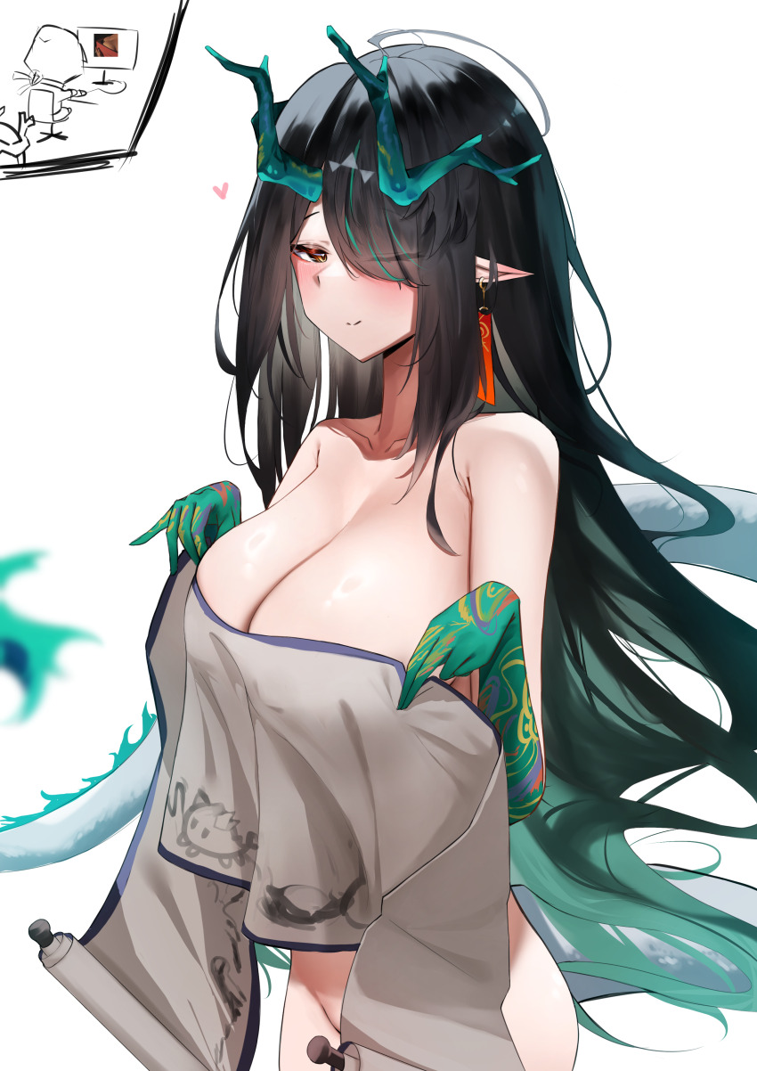 1girl 1other ;) absurdres arknights black_hair boobs_in_book_(meme) breasts cleavage commentary completely_nude covering_breasts covering_privates doctor_(arknights) dragon_bubble_(arknights) dragon_girl dragon_tail dusk_(arknights) earrings eastern_dragon_horns eyes_visible_through_hair green_hands heart highres holding holding_scroll jewelry large_breasts long_hair meme nude one_eye_closed pointy_ears red_eyes scroll simple_background smile tail very_long_hair white_background yuki_(yuki_yu_owo)