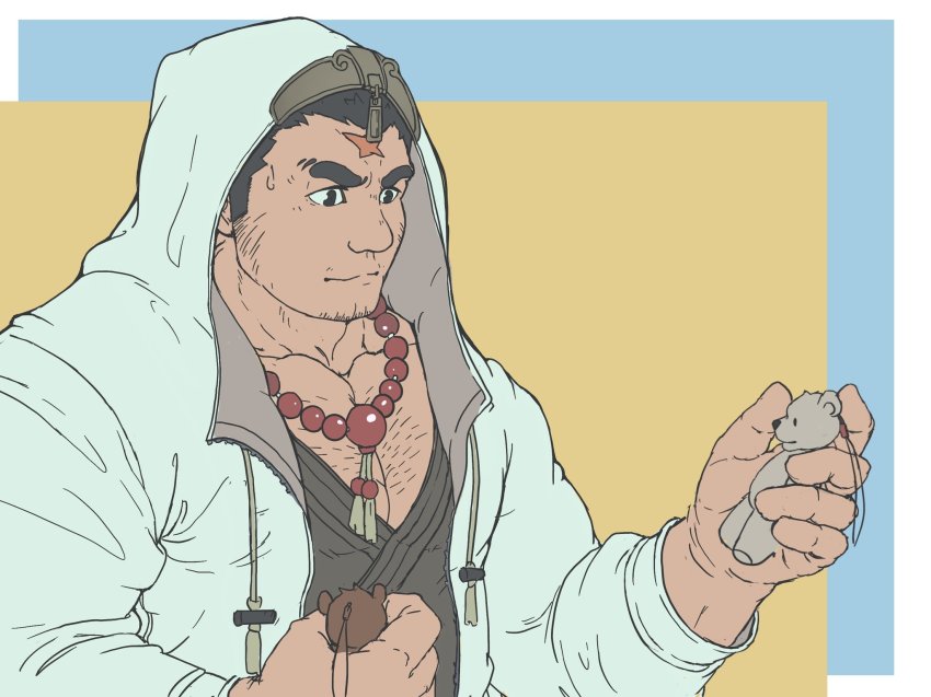1boy bara bead_necklace beads chest_hair cross_scar dark-skinned_male dark_skin facial_hair goatee highres holding holding_toy hood hood_up houzouin_oniwaka jacket japanese_clothes jewelry kimono large_pectorals long_sideburns male_focus mature_male me-me_(mouact2) muscular muscular_male necklace open_clothes open_jacket pectoral_cleavage pectorals scar scar_on_face scar_on_forehead short_hair sideburns solo stubble stuffed_animal stuffed_toy sweatdrop teddy_bear thick_eyebrows tokyo_houkago_summoners toy unzipped upper_body