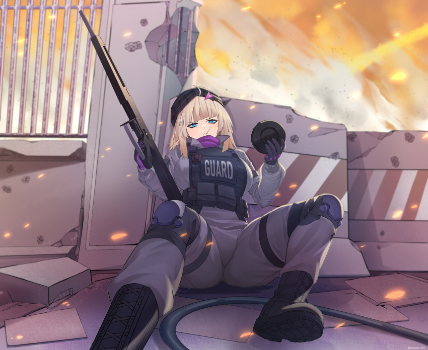 1girl aa-12 aa-12_(girls&#039;_frontline) alternate_breast_size alternate_costume automatic_shotgun bags_under_eyes beanie black_boots black_hat blue_eyes boots breasts bulletproof_vest candy combat_boots combat_shotgun commission drum_magazine food food_in_mouth full_body girls&#039;_frontline gun hat high-capacity_magazine highres holding holding_gun holding_magazine_(weapon) holding_weapon large_breasts lollipop magazine_(weapon) pouch reloading roadblock rubble samsam_s2s shotgun smoke solo tactical_clothes taking_cover weapon