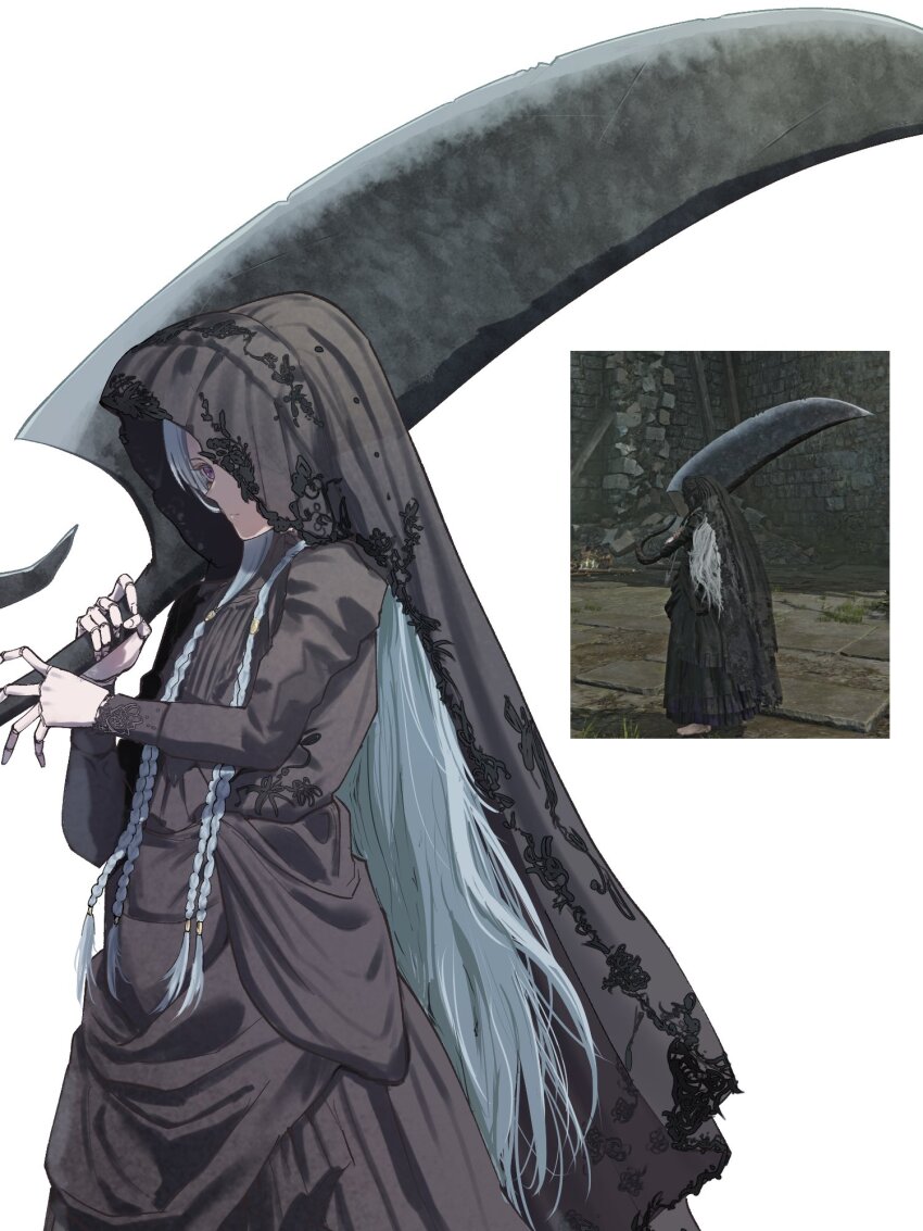 1girl black_cloak black_robe cloak commentary_request doll_joints elden_ring elden_ring_nightreign game_screenshot_inset highres holding holding_sword holding_weapon hood hooded_cloak joints purple_eyes reference_inset revenant_(elden_ring) robe shitsugaikotsu simple_background solo sword weapon white_background