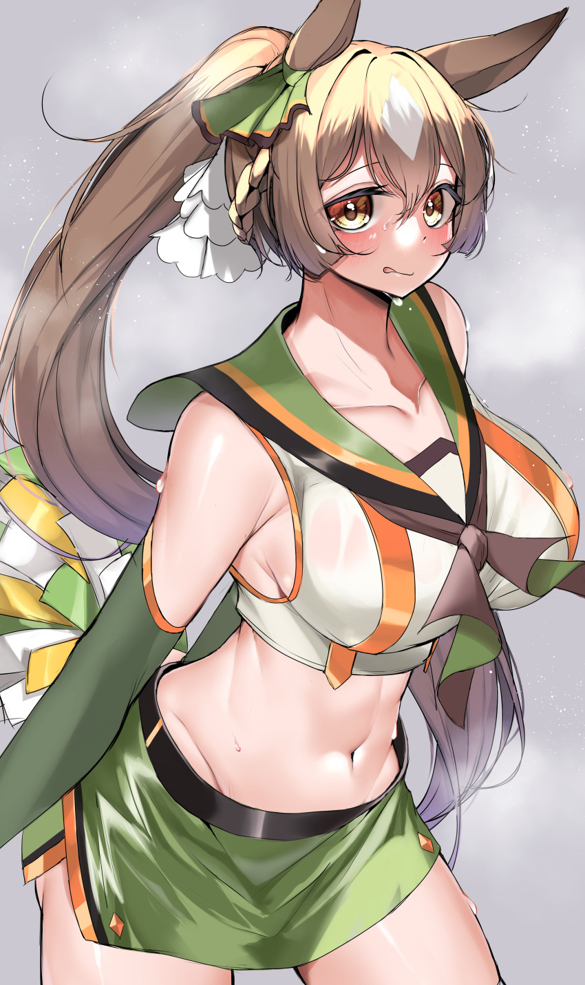 1girl absurdres animal_ears blush braid breasts brown_eyes brown_hair cheerleader closed_mouth collarbone commentary_request detached_sleeves green_skirt grey_background hair_between_eyes hair_ribbon half_up_braid heavy_breathing highres horse_ears horse_girl kshimu large_breasts long_hair navel pom_pom_(cheerleading) ponytail ribbon sailor_collar satono_diamond_(umamusume) simple_background skirt solo steam stomach tongue tongue_out umamusume