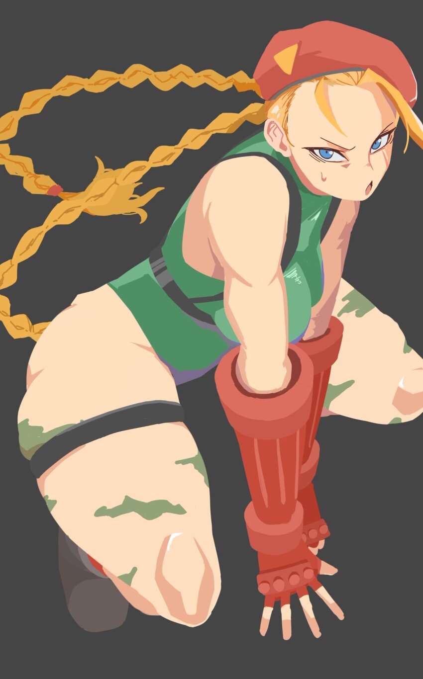 1girl bamman bare_shoulders blonde_hair blue_eyes boots braid breasts cammy_white crawling dark_background fingerless_gloves gloves highres leotard long_hair looking_at_viewer medium_breasts sleeveless street_fighter