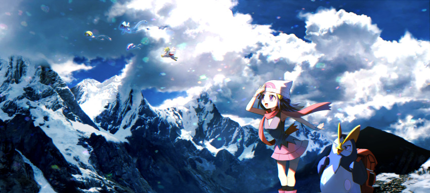 absurdres arm_up azelf backpack bag beanie black_legwear black_shirt blue_eyes blue_sky blush boots bracelet breasts chromatic_aberration cloud dawn_(pokemon) day flying full_body gen_4_pokemon hair_ornament hairclip hands_up happy hat highres holding_strap jewelry leaning_forward legendary_pokemon mesprit miniskirt mountain mythical_pokemon nintendo open_mouth outdoors pink_boots pink_skirt poke_ball_symbol poke_ball_theme pokemon pokemon_(creature) pokemon_dppt prinplup red_scarf ribero scarf shading_eyes shaymin shaymin_(sky) shirt sidelocks skirt sky sleeveless sleeveless_shirt small_breasts smile snow socks standing uxie white_headwear