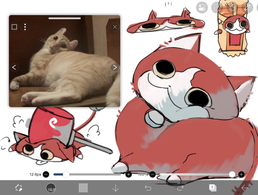 animal_focus bell ca10po4oh2 cat check_medium doraemon food_wrapper hammer highres ibispaint_(medium) jibanyan medium_request neck_bell no_humans parody puff_of_air red_cat reference_inset simple_background white_background youkai_watch