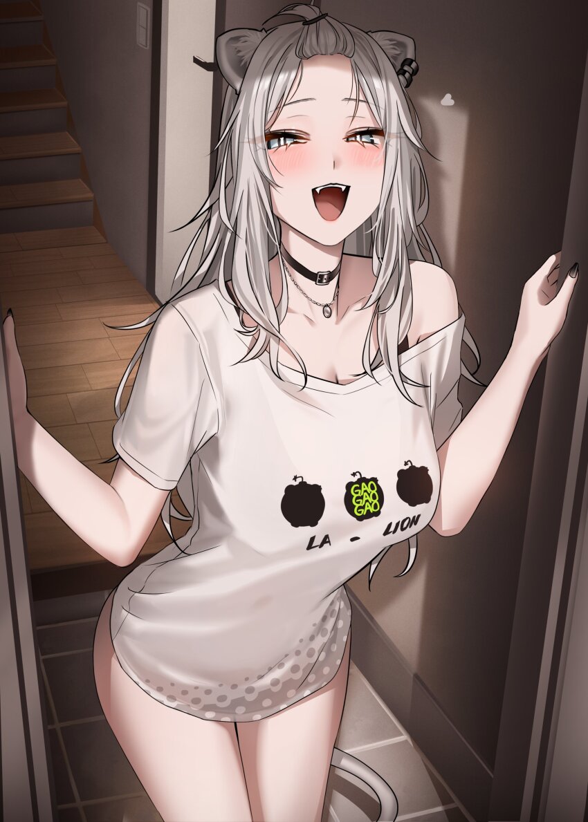 1girl absurdres animal_ear_piercing animal_ears bangs_pinned_back black_bra black_choker black_nails blush bottomless bra bra_strap breasts choker commentary_request doorway fingernails forehead grey_eyes grey_hair highres hololive large_breasts lion_ears lion_girl lion_tail long_hair looking_at_viewer messy_hair no_pants official_alternate_costume official_alternate_hairstyle open_mouth pov_doorway shirt shishiro_botan shishiro_botan_(midnight_convenience_store) short_sleeves single_off_shoulder smile solo t-shirt tail topknot underwear virtual_youtuber wanne white_shirt