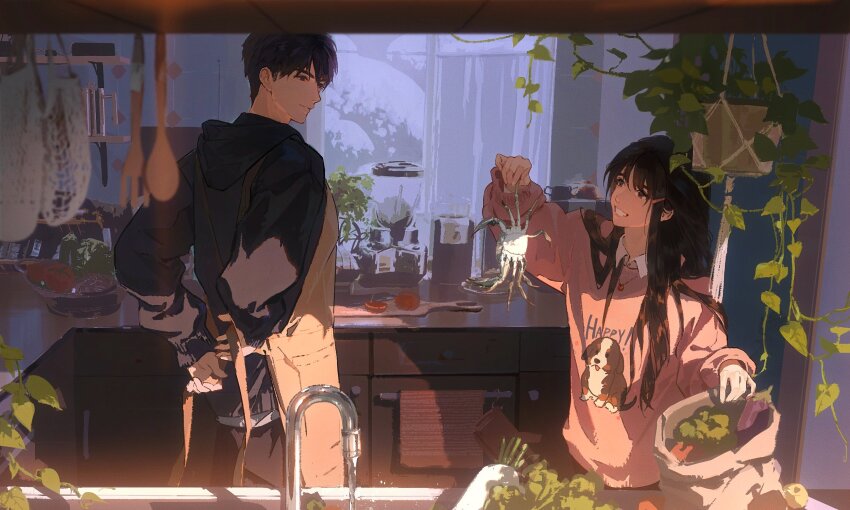 1boy 1girl apron arms_behind_back black_eyes black_hair caleb_(love_and_deepspace) carrot counter crab cutting_board dog english_text faucet food fork highres indoors kitchen love_and_deepspace pink_shirt plant protagonist_(love_and_deepspace) shirt smile spoon sunlight sweet_potato vines water wind_chime wooden_spoon yuyumu