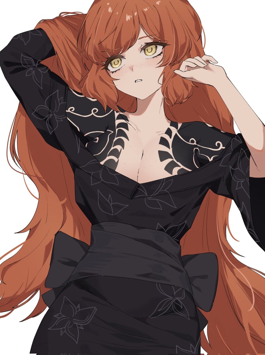 1girl black_bow black_kimono black_sash bow breasts cleavage flaqjtmfmf green_eyes hands_up highres ishmael_(project_moon) japanese_clothes kimono kurokumo_clan_(identity)_(project_moon) large_breasts limbus_company long_hair obi off_shoulder open_mouth orange_hair project_moon sash shoulder_tattoo sidelocks simple_background solo tattoo very_long_hair white_background