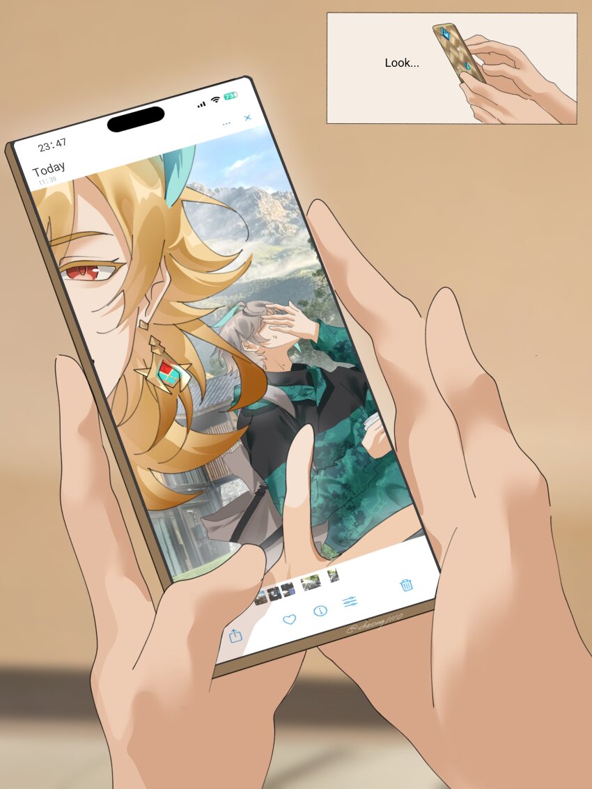 3boys absurdres alhaitham_(genshin_impact) aventurine_(honkai:_star_rail) blonde_hair cellphone cheong1110 company_connection earrings genshin_impact grey_hair hashtag-only_commentary highres holding holding_phone honkai:_star_rail honkai_(series) jewelry kaveh_(genshin_impact) long_hair long_sleeves mihoyo multicolored_shirt multiple_boys phone red_eyes short_hair smartphone