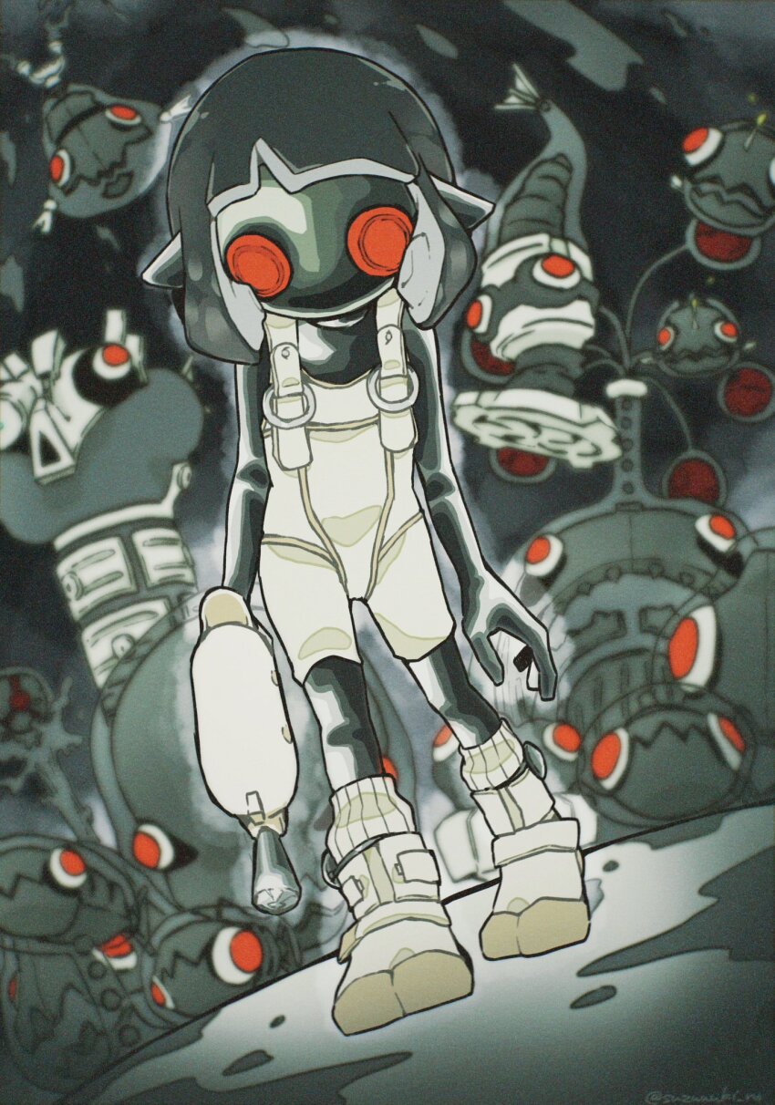 1girl battering_lento black_hair bodysuit boots colored_skin commentary_request drizzling_cappriccioso grey_skin gun gushing_trionfale highres holding holding_gun holding_weapon homing_arpeggio jelleton mask nintendo parallel_canon_(splatoon) red_eyes sleeveless sleeveless_bodysuit socks spawning_accordo splatoon_(series) splatoon_3 splatoon_3:_side_order springing_spiccato suzuuuki_no swarming_languendo towering_nobilmente weapon white_bodysuit white_footwear white_socks