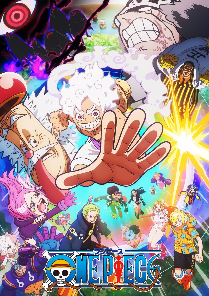 5girls 6+boys absurdres anti-eyebrow_piercing bartholomew_kuma blood blood_on_face boots borsalino_(kizaru) brook_(one_piece) cigarette clenched_hand clenched_teeth coat coat_on_shoulders commentary_request copyright_name curly_eyebrows curly_hair dr._vegapunk epaulettes ethan-baron_v._nusjuro facial_hair franky_(one_piece) gear_fifth gloves goatee goggles goggles_on_headwear green_hair hagoromo haki_(one_piece) hands_in_pockets hat headphones highres holding holding_sword holding_weapon hood hooded_jacket imu_(one_piece) incoming_attack jacket jaygarcia_saturn jewelry_bonney jinbe_(one_piece) long_hair long_nose looking_at_viewer marcus_mars matsuda_midori monkey_d._luffy multiple_boys multiple_girls mustache nami_(one_piece) nami_(one_piece)_(egghead) nico_robin nico_robin_(egghead) old old_man one_piece pink_eyes pink_gloves pink_hair purple_jacket purple_sash red_eyes ringed_eyes roronoa_zoro sanji_(one_piece) sash scar scar_across_eye scar_on_face shawl shepherd_ju_peter ship short_hair shorts straw_hat straw_hat_pirates sunglasses sword tears teeth thick_eyebrows thighhighs tongue tongue_out tony_tony_chopper topman_warcury usopp vegapunk_atlas vegapunk_edison vegapunk_lilith vertical-striped_suit watercraft weapon white_coat white_hair white_shorts