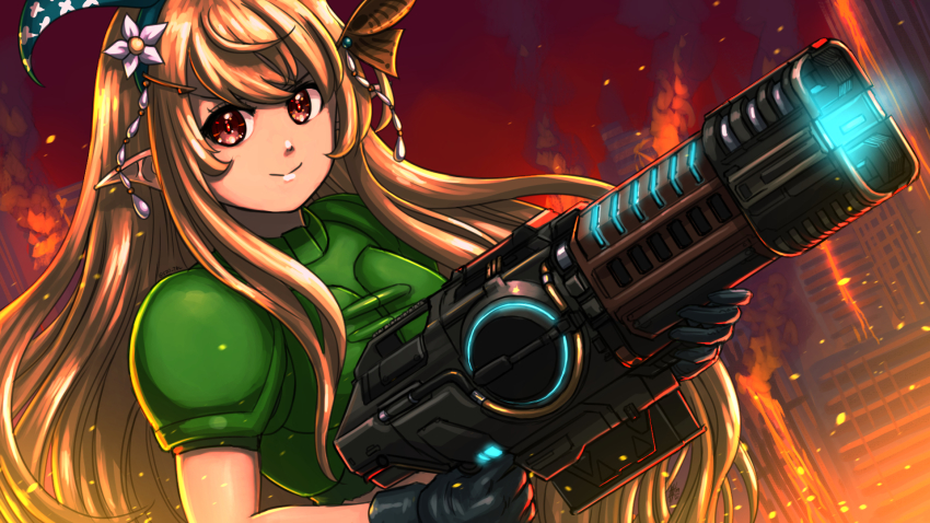 1girl armor black_gloves blonde_hair commentary cosplay directed-energy_weapon doom_(series) doom_ii doomguy doomguy_(cosplay) dutch_angle energy energy_gun energy_weapon fire flower gloves green_armor gun hair_flower hair_ornament hairband hairclip highres holding holding_gun holding_weapon long_hair nijisanji nijisanji_en plasma plasma_gun plasma_rifle plasma_rifle_(doom) pointy_ears pomu_rainpuff red_eyes smile smoke solo substance20 upper_body very_long_hair virtual_youtuber weapon