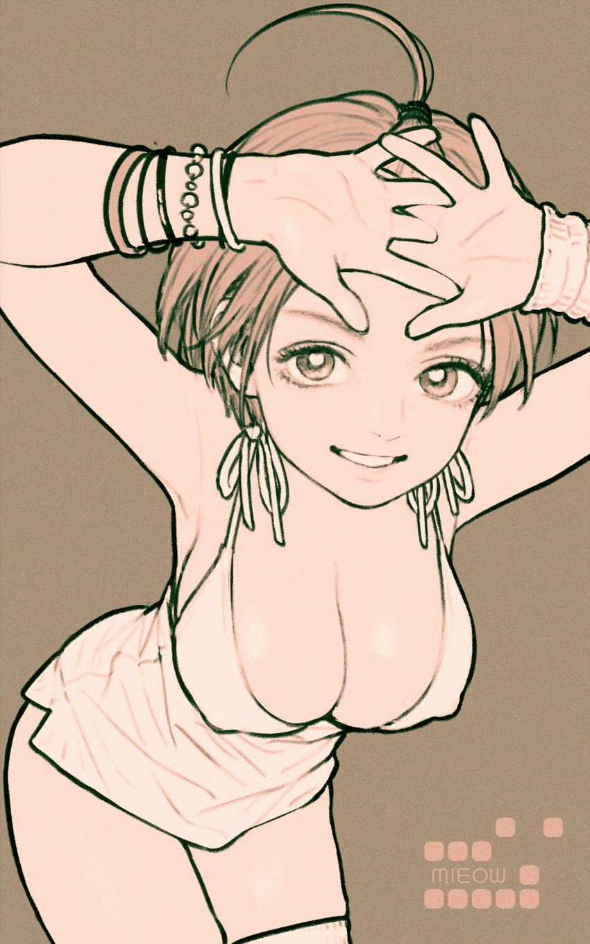 1girl absurdres against_fourth_wall ahoge bangle bangs_pinned_back bracelet breasts covered_erect_nipples dress fourth_wall grin highres huge_ahoge interlocked_fingers jewelry large_breasts looking_at_viewer monochrome original rustle sepia short_dress short_hair single_thighhigh smile solo tassel teeth thighhighs