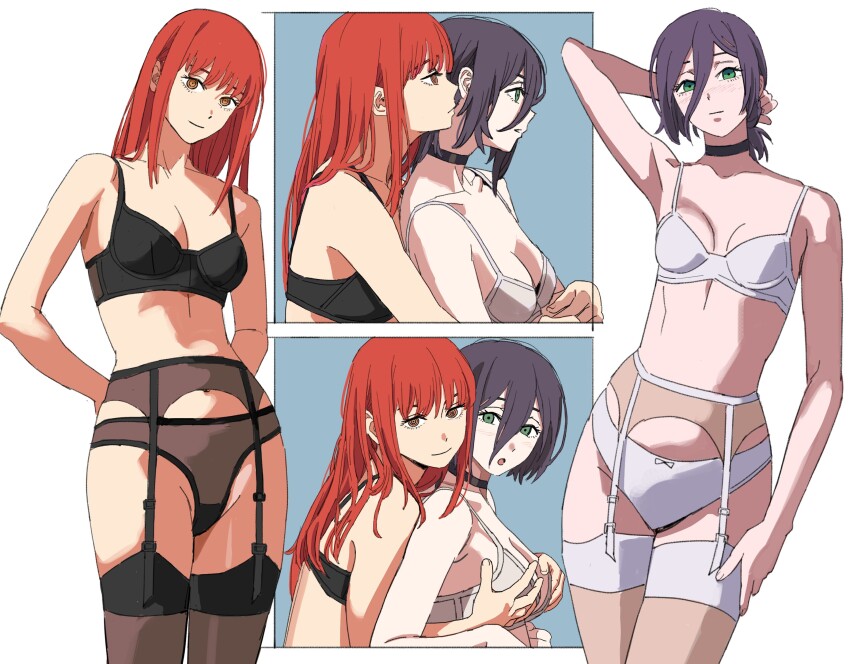 2girls absurdres black_bra black_choker black_garter_belt black_hair black_panties black_thighhighs bow bow_panties bra breasts chainsaw_man choker collarbone garter_belt grabbing_another&#039;s_breast grabbing_from_behind groin groping hair_between_eyes highres lingerie long_hair looking_ahead looking_at_viewer makima_(chainsaw_man) medium_breasts multiple_girls multiple_views orange_hair panties reze_(chainsaw_man) ringed_eyes shiren_(ourboy83) small_breasts stomach straight_hair thighhighs underwear underwear_only white_bra white_garter_belt white_panties white_thighhighs yuri