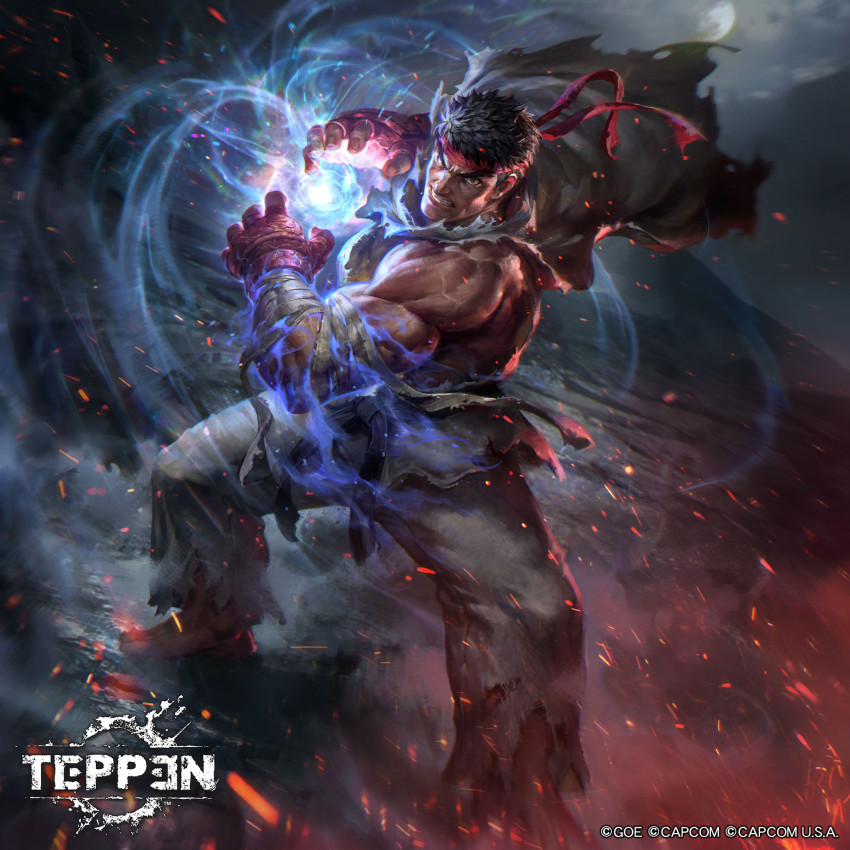 1boy baggy_pants bara biceps commentary dougi dragon_ball energy energy_ball english_commentary eyebrows_visible_through_headband fighting_stance forked_eyebrows full_body hadouken headband highres jeremy_chong kamehameha_(dragon_ball) large_pectorals looking_at_viewer male_focus mature_male muscular muscular_male official_art pants pectorals ryu_(street_fighter) shirt short_hair solo street_fighter teppen thick_eyebrows torn_clothes torn_pants torn_shirt white_pants wind