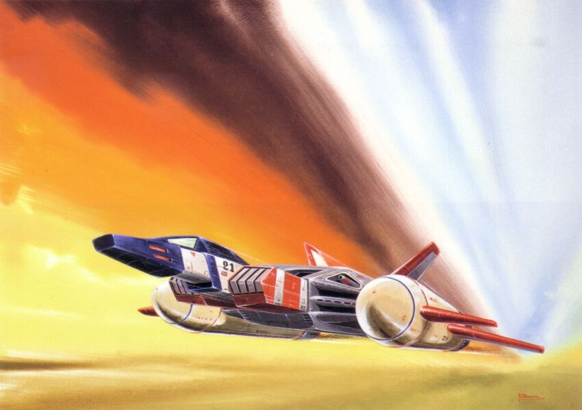 1970s_(style) 1980s_(style) burning cloud cloudy_sky core_booster core_fighter desert earth_federation fire flying gundam highres mobile_suit_gundam official_art oldschool ookawara_kunio painting_(medium) production_art realistic retro_artstyle scan science_fiction signature sky smoke spacecraft starfighter traditional_media