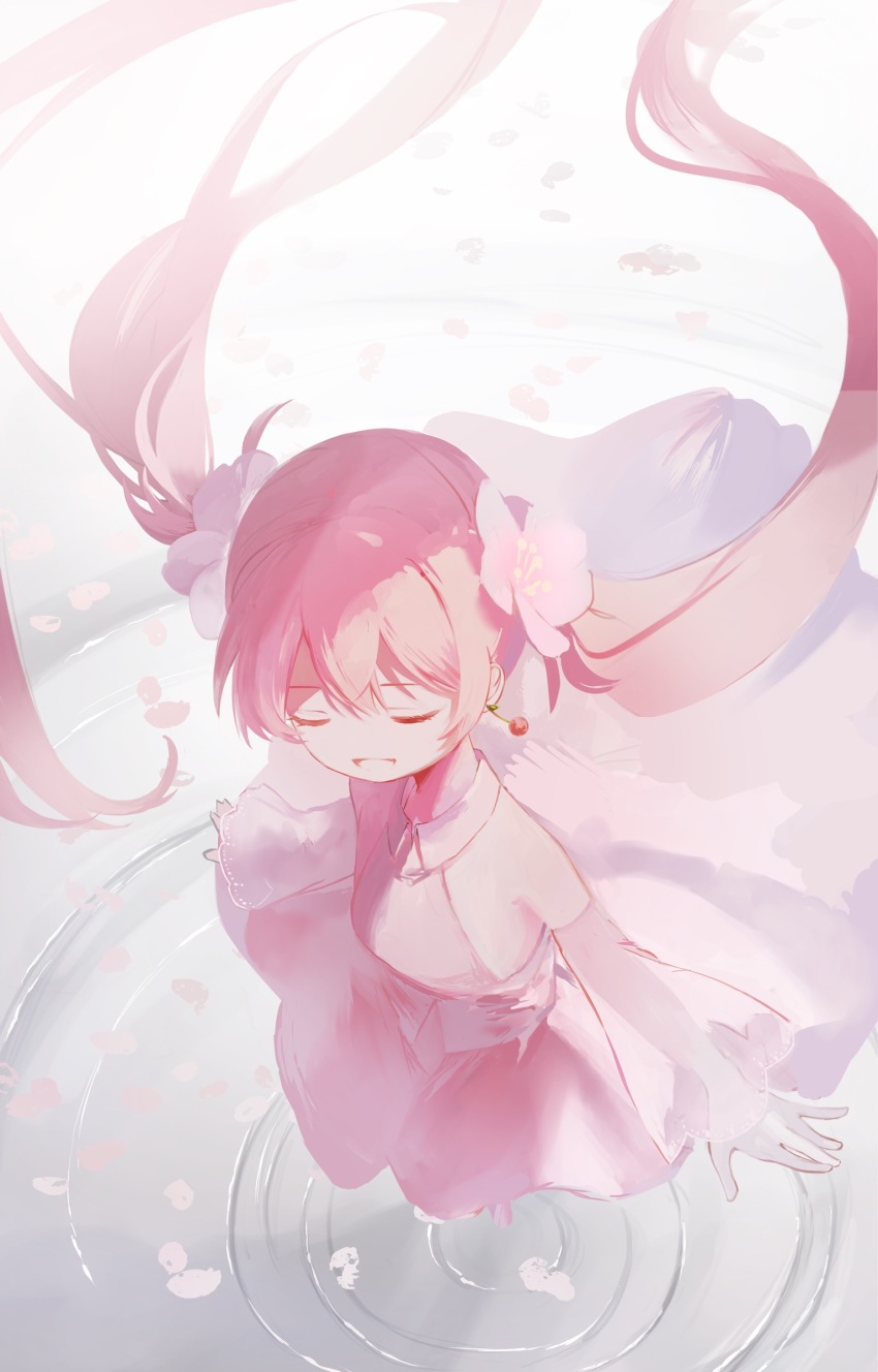 1girl :d bare_shoulders cherry_blossoms cherry_earrings closed_eyes collared_shirt detached_sleeves ear_piercing earrings floating_hair flower food-themed_earrings food_themed_earrings from_above hair_flower hair_ornament hatsune_miku highres in_water jewelry long_hair long_sleeves open_mouth perspective petals petals_on_liquid piercing pink_hair ripples sakura_miku see-through_clothes see-through_sleeves shirt skirt sleeveless sleeveless_shirt sleeves_past_wrists smile solo twintails very_long_hair vocaloid water yoru_410