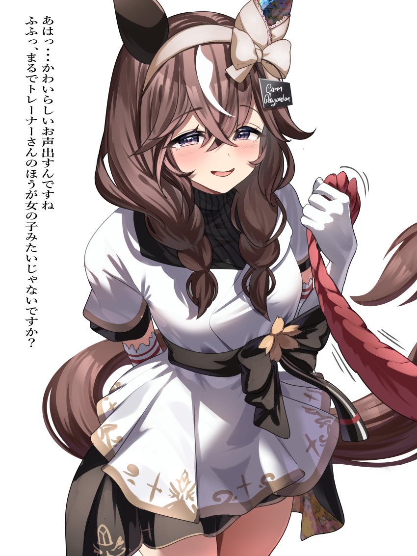 1girl absurdres animal_ears blush braid breasts brown_hair commentary_request curren_bouquetd&#039;or_(umamusume) dress elbow_gloves gloves grey_eyes highres horse_ears horse_girl horse_tail long_hair looking_at_viewer low_twin_braids open_mouth ribbon rope small_breasts smoke_klll solo tail translation_request twin_braids umamusume white_background