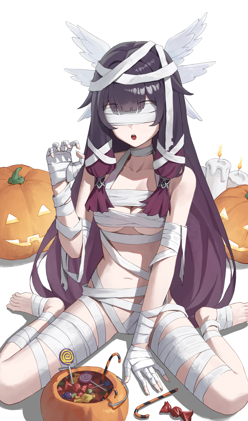 1girl :o absurdres bandages bandages_over_eyes barefoot breasts candle candy collarbone columbina_(genshin_impact) commentary english_commentary food genshin_impact gradient_hair hair_ornament halloween halloween_costume hand_up highres jack-o&#039;-lantern llami_0 long_hair medium_breasts multicolored_hair mummy_costume navel open_mouth purple_hair sitting solo stomach toes very_long_hair wariza wing_hair_ornament