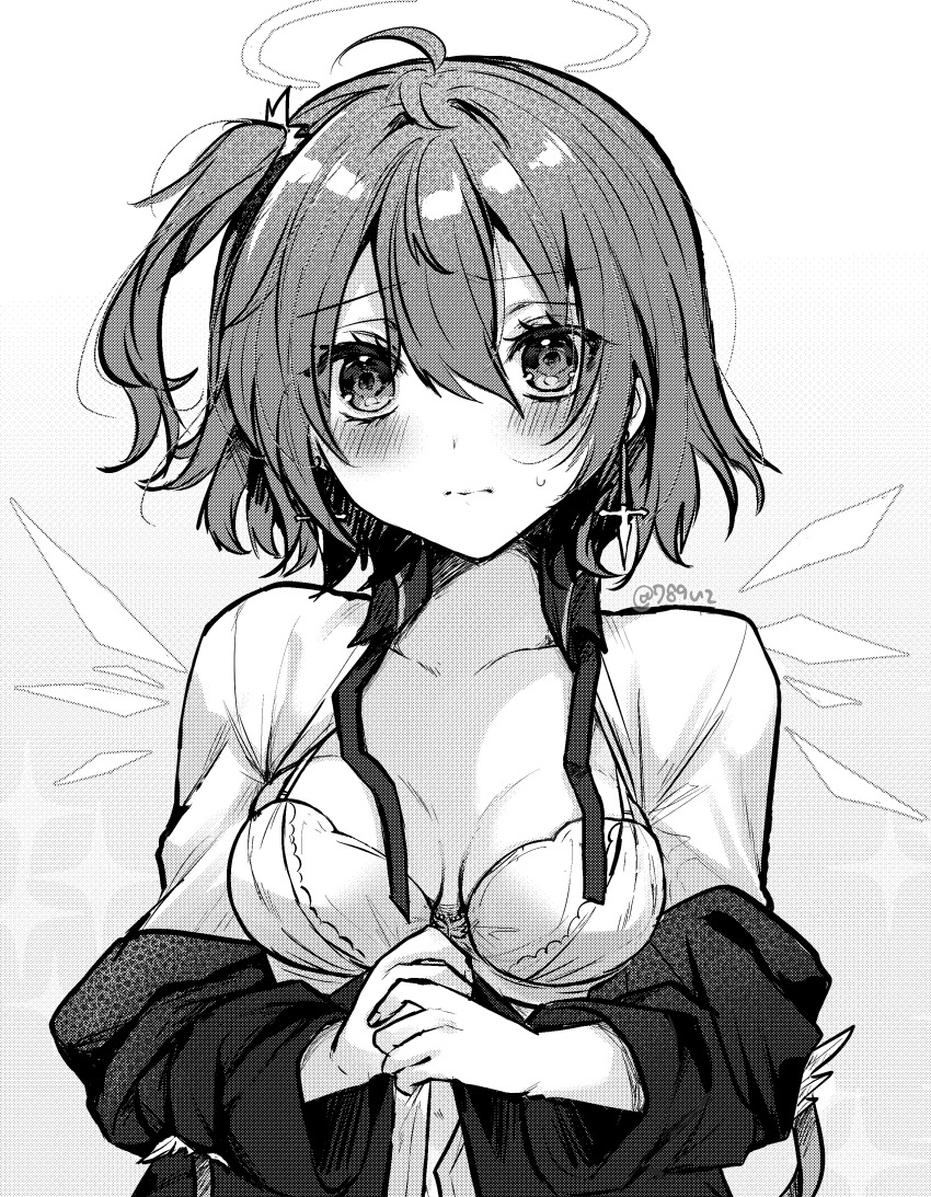 1girl absurdres amesaki_vanilla arknights blush bra breasts closed_mouth collarbone commentary_request detached_wings earrings embarrassed exusiai_(arknights) exusiai_the_new_covenant_(arknights) greyscale hair_between_eyes halo highres jewelry looking_at_viewer medium_breasts monochrome off_shoulder own_hands_together short_hair solo sparkle traditional_halo underwear undressing upper_body wings