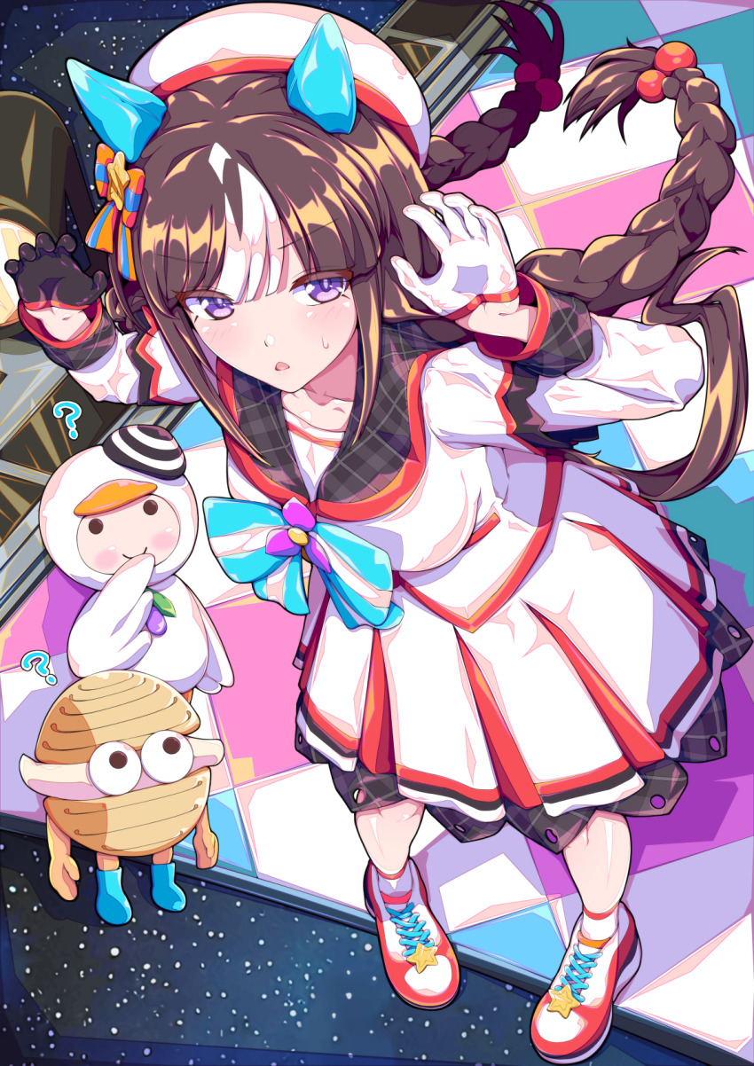 ? beret black_hair blunt_bangs braid breasts commentary_request confused full_body hair_between_eyes hair_ornament hat highres hokki-kun hokko_tarumae_(umamusume) horse_girl kan_lee looking_at_viewer medium_breasts open_mouth paw_pose ribbon shoes stage standing sweatdrop tomachop twin_braids umamusume