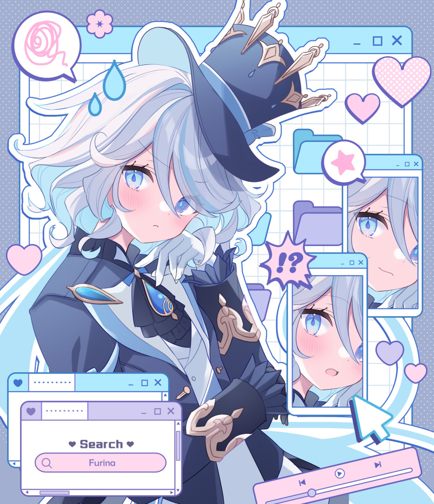 !? ... 1girl :&lt; :o ahoge ascot asymmetrical_gloves black_ascot black_gloves blue_background blue_eyes blue_hair blue_hat blue_jacket blush character_name closed_mouth commentary cursor english_text furina_(genshin_impact) genshin_impact gloves hair_between_eyes hat head_rest heart heterochromia highres jacket kurun_(kurun777) light_blue_hair light_smile long_hair long_sleeves looking_at_viewer multicolored_hair open_mouth play_button polka_dot polka_dot_background polka_dot_heart simple_background smile solo speech_bubble spoken_ellipsis star_(symbol) teardrop top_hat upper_body v-shaped_eyebrows wavy_hair white_gloves window_(computing)
