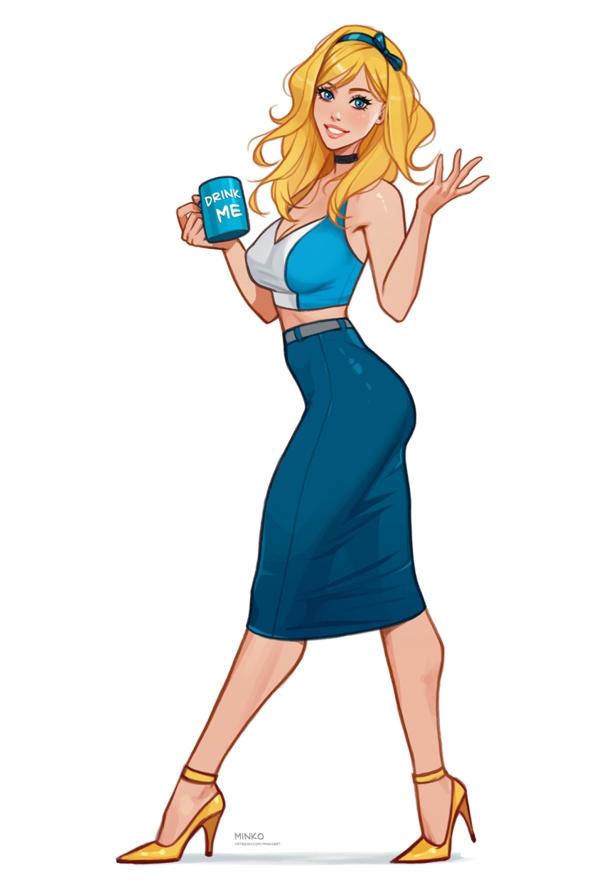 1girl alice_(alice_in_wonderland) alice&#039;s_adventures_in_wonderland artist_name black_choker blonde_hair blue_eyes bow breasts choker commentary contemporary cup english_commentary english_text full_body hair_bow high_heels highres holding holding_cup large_breasts long_hair looking_at_viewer looking_to_the_side olena_minko parted_lips patreon_username pencil_skirt simple_background skirt smile solo walking watermark web_address white_background