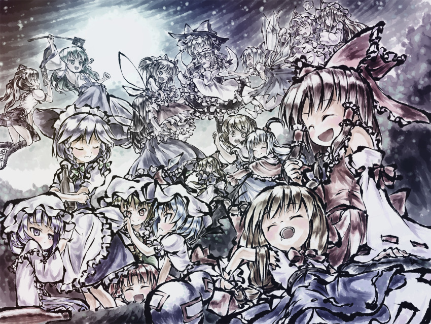 6+girls alice_margatroid apron bat_wings black_hat blonde_hair blue_hair bottle bow braid brown_hair brown_horns capelet cellphone chain checkered_clothes checkered_skirt cirno closed_eyes closed_mouth clothes_grab commentary detached_sleeves detached_wings doll dress drill_hair fairy fairy_wings flandre_scarlet flip_phone frilled_bow frilled_hair_tubes frills gohei gourd green_bow green_eyes green_hair green_hat grey_hair hair_bobbles hair_bow hair_ornament hair_tubes hairband hakurei_reimu hat hat_bow hat_ornament headdress highres himekaidou_hatate holding holding_bottle holding_gohei hong_meiling horns hug hug_from_behind ibuki_suika ice ice_wings izayoi_sakuya kirisame_marisa kochiya_sanae long_hair luna_child maid maid_headdress mob_cap multiple_girls one_eye_closed one_side_up oni open_mouth patchouli_knowledge phone pinafore_dress puffy_short_sleeves puffy_sleeves purple_eyes purple_hair purple_hat red_bow red_hair red_hairband red_skirt remilia_scarlet ribbon-trimmed_sleeves ribbon_trim saigyouji_yuyuko shanghai_doll shinki_(touhou) shirt short_sleeves siblings sisters skirt skirt_set sleeveless sleeveless_dress smile snake_hair_ornament star_(symbol) star_hat_ornament star_sapphire striped_clothes striped_dress sunny_milk tamanaga_haru tokin_hat touhou touhou_(pc-98) triangular_headpiece twin_braids twintails vertical-striped_clothes vertical-striped_dress very_long_hair waist_apron white_bow white_capelet white_hat wings witch_hat yakumo_yukari