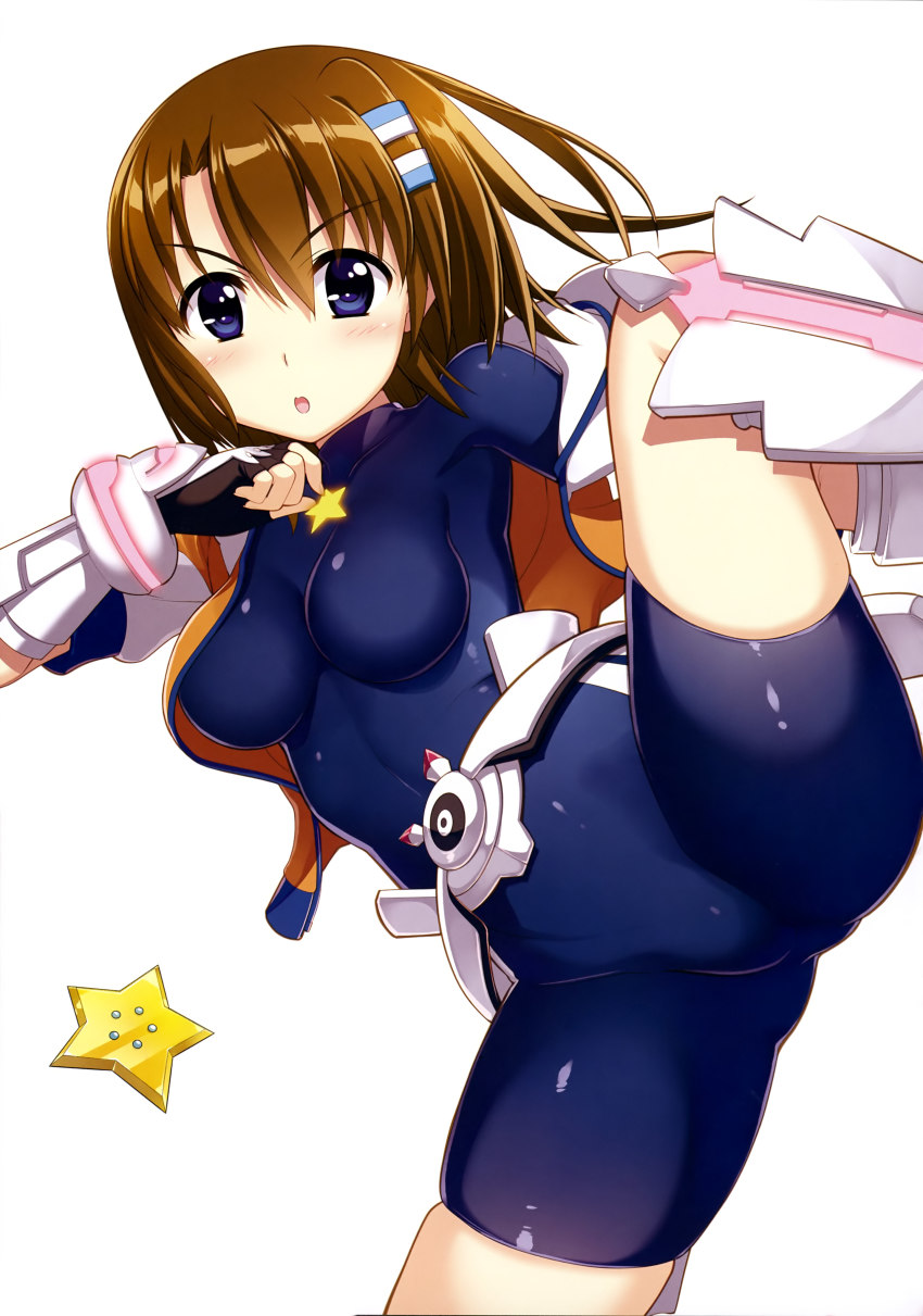 1girl :o absurdres arm_up armor belt black_bodysuit black_gloves blue_eyes blue_sleeve_ends blush bodysuit boots breasts brown_hair cosplay cropped_jacket fingerless_gloves fujima_takuya gauntlets gloves gluteal_fold hair_between_eyes hair_ornament hairclip high_kick highres impossible_bodysuit impossible_clothes jacket kicking knee_boots large_breasts lyrical_nanoha mahou_shoujo_lyrical_nanoha_vivid miura_rinaldi miura_rinaldi_(cosplay) multicolored_jacket neon_trim off_shoulder official_art open_mouth orange_jacket print_bodysuit short_hair simple_background skindentation star_(symbol) star_print star_saber_(nanoha) white_background white_belt white_footwear white_sleeves yagami_hayate