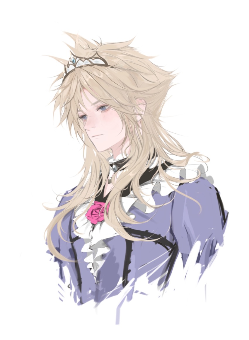 1boy absurdres blonde_hair blue_eyes blush choker closed_mouth cloud_strife cloud_strife_(ball_gown) cropped_torso crossdressing crossdressing_(mtf) dress dress_flower final_fantasy final_fantasy_vii final_fantasy_vii_remake flower frilled_dress frills hair_over_shoulder highres long_hair looking_down male_focus official_alternate_costume pink_flower purple_dress purple_sleeves solo spiked_hair tiara turkey223333 upper_body