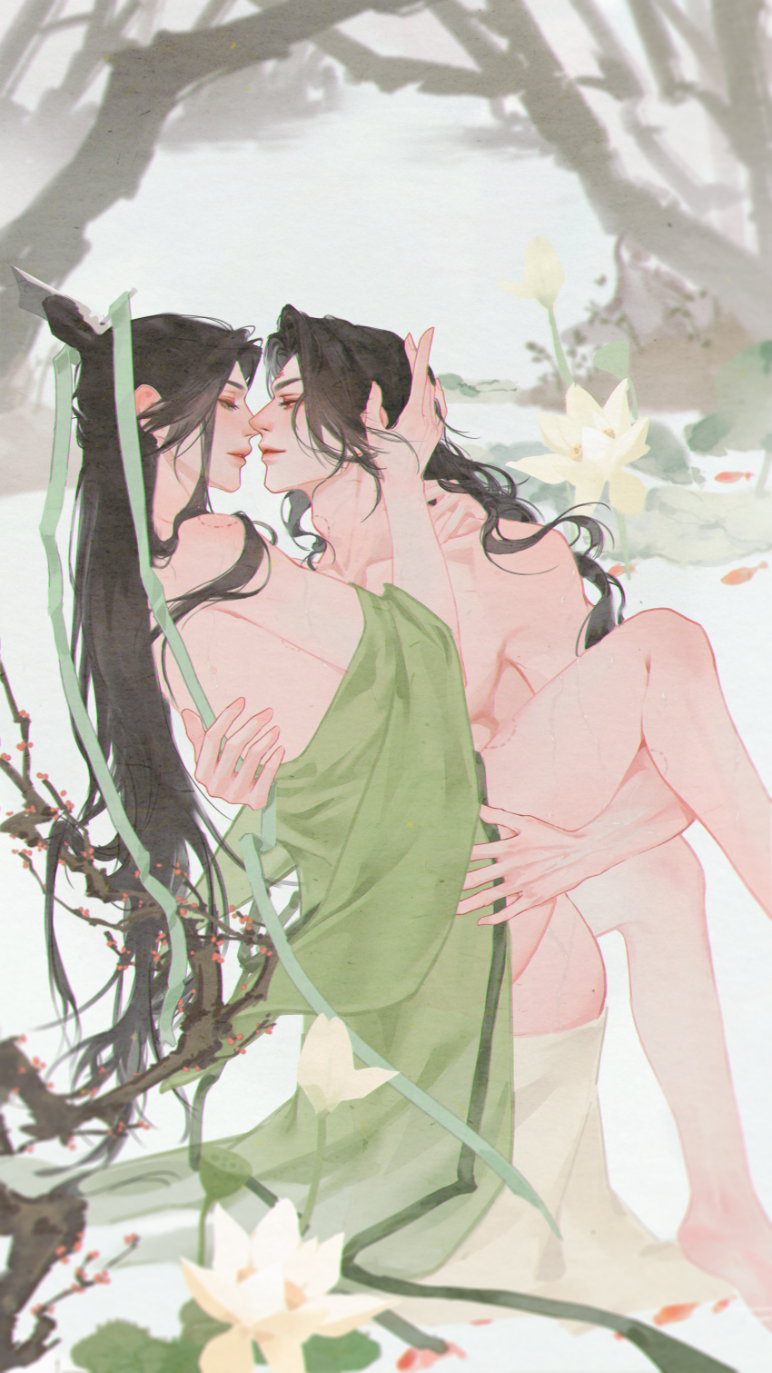 2boys absurdres adam&#039;s_apple arched_back arm_around_back arms_around_neck barefoot bite_mark bite_mark_on_chest bite_mark_on_leg bite_mark_on_neck bite_mark_on_shoulder bite_mark_on_thigh black_hair blurry blurry_foreground blush branch carrying carrying_person chinese_clothes chinese_hairpin clothes_down collarbone curly_hair curtained_hair dripping eyelashes face-to-face feet_out_of_frame flower green_hanfu green_sash hair_bun half-closed_eyes half_updo hand_in_another&#039;s_hair hand_on_another&#039;s_back hand_on_another&#039;s_shoulder hand_on_another&#039;s_thigh hanfu highres imminent_kiss knee_up koi leaning_forward lily_pad long_hair looking_at_another luo_binghe male_focus multiple_boys nude open_clothes open_robe outdoors parted_bangs parted_lips partially_submerged pectorals profile red_eyes red_flower renzha_fanpai_zijiu_xitong ribboned_xiao_guan robe robiii_n sash shen_qingqiu single_hair_bun v-shaped_eyebrows very_long_hair wet white_flower white_lotus wide_sleeves xiao_guan_(headdress) yaoi zuiyin