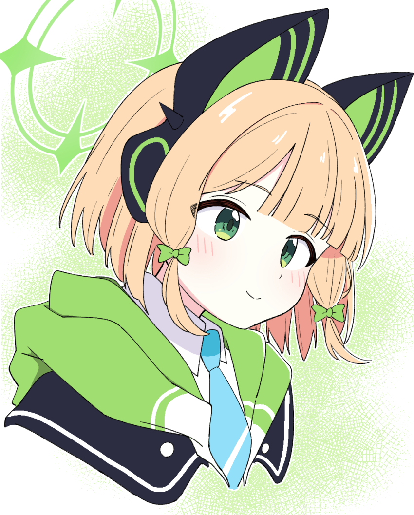 1girl animal_ear_headphones animal_ears aqua_necktie blonde_hair blue_archive blush bow cat_ear_headphones closed_mouth collared_shirt cropped_shoulders cross-eyed fake_animal_ears green_background green_bow green_eyes green_halo green_jacket hair_bow halo hayoo_ww head_tilt headphones highres jacket low-tied_sidelocks medium_hair midori_(blue_archive) necktie portrait shirt sidelocks smile solo white_background white_shirt