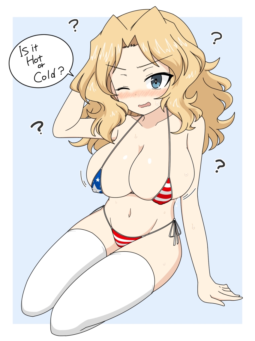 1girl american_flag american_flag_bikini american_flag_print bikini blonde_hair blue_background blue_eyes blush breasts cleavage collarbone flag_print girls_und_panzer highres ichinose_jun kay_(girls_und_panzer) large_breasts long_hair micro_bikini navel one_eye_closed open_mouth print_bikini side-tie_bikini_bottom simple_background solo swimsuit thighhighs wavy_mouth white_thighhighs wink