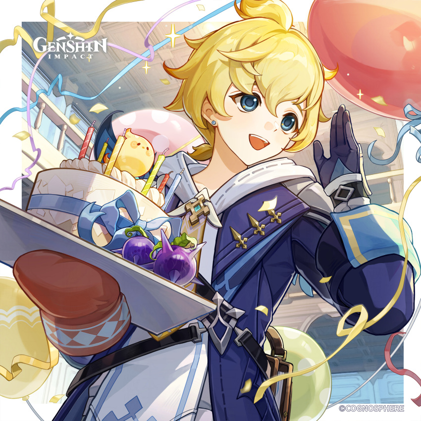 1boy :d absurdres balloon black_gloves blonde_hair blue_eyes blue_jacket cake candle commentary confetti copyright_name ear_piercing english_commentary food genshin_impact gloves hair_between_eyes hand_up highres indoors jacket long_sleeves looking_to_the_side male_focus mika_(genshin_impact) official_art open_clothes open_jacket open_mouth oven_mitts piercing shirt short_hair smile solo teeth upper_body upper_teeth_only white_shirt wolfhook_(genshin_impact)