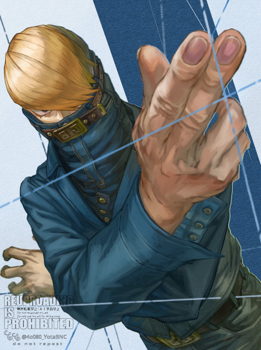 1boy absurdres arm_up belt belt_buckle best_jeanist black_eyes blonde_hair blue_background blue_jacket blue_pants blue_shirt boku_no_hero_academia brown_belt buckle buttons commentary_request covered_mouth cowboy_shot crossed_arms denim denim_jacket denim_shirt diffraction_spikes dutch_angle finger_gun fingernails foreshortening hair_over_one_eye high_collar highres initial jacket jeans lapels long_bangs long_sleeves looking_at_viewer male_focus notched_lapels pants shirt short_hair solo string twitter_username watermark yomoyama_yotabanashi