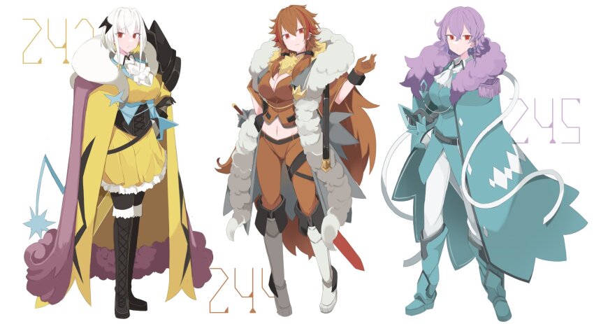 3girls black_footwear blonde_hair blue_footwear boots breasts brown_hair cleavage earrings entei floating_earring gen_2_pokemon gloves highres jewelry knee_boots large_breasts legendary_pokemon multicolored_hair multiple_girls nintendo personification pokemon purple_hair raikou red_eyes red_gloves red_hair sakuragi_raia short_hair simple_background suicune thigh_boots white_background white_footwear